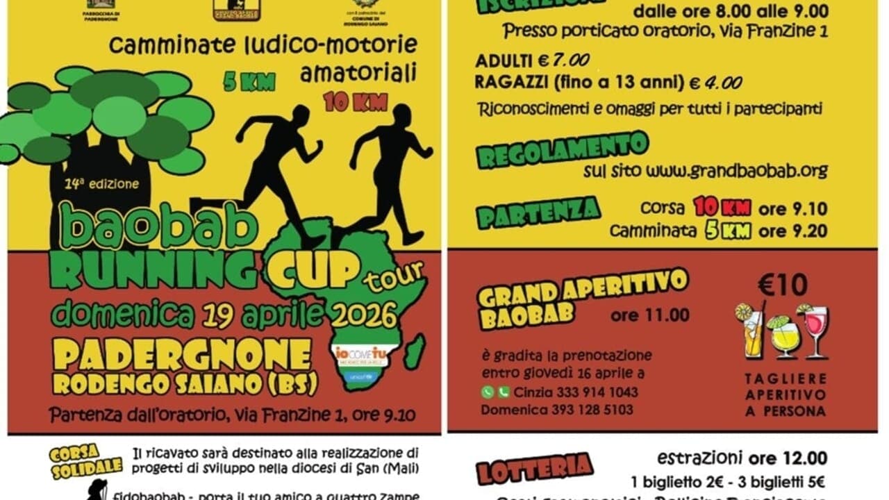 Rodengo Saiano: 14ª Baobab Running Cup — camminata solidale per famiglie